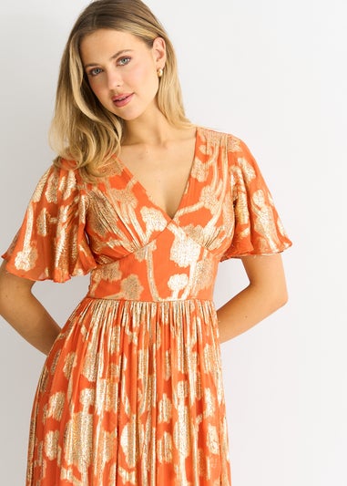 Gini London Orange Metallic Jacquard Flutter Sleeves Floral Maxi Dress