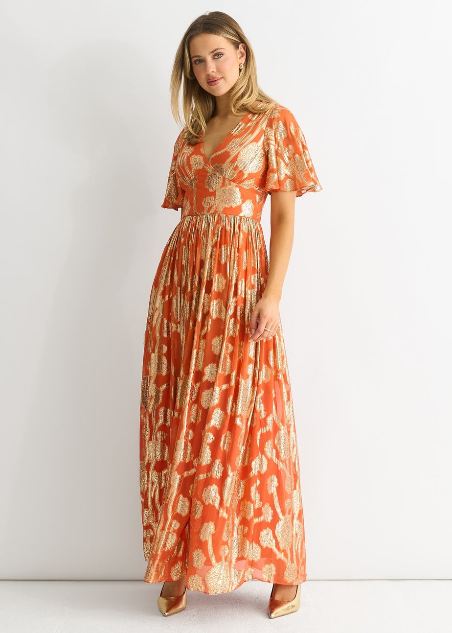 Gini London Orange Metallic Jacquard Flutter Sleeves Floral Maxi Dress