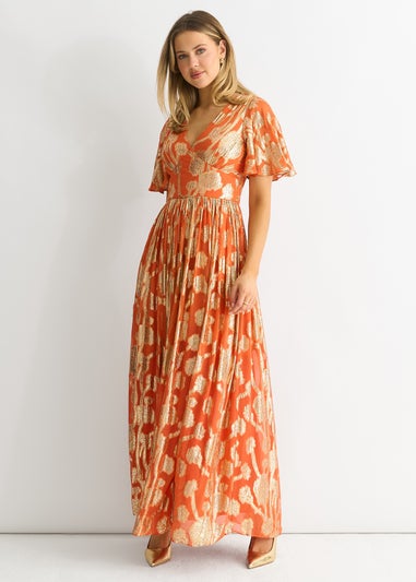 Gini London Orange Metallic Jacquard Flutter Sleeves Floral Maxi Dress