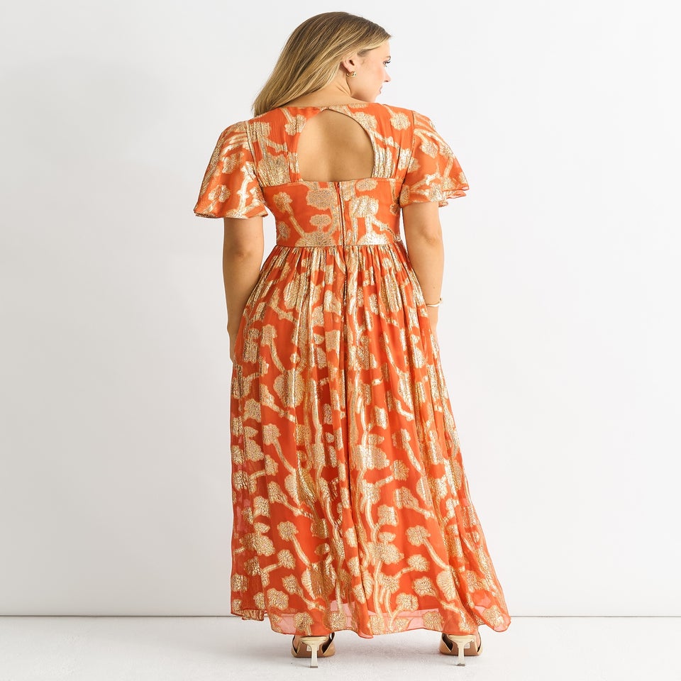 Gini London Orange Metallic Jacquard Flutter Sleeves Floral Maxi Dress