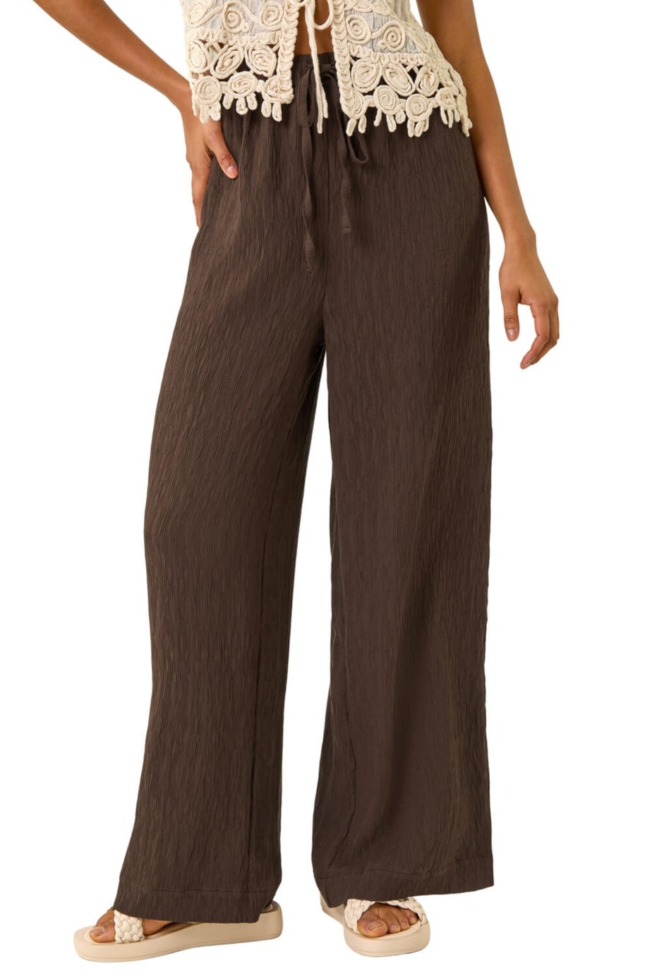 Dusk Brown Textured Elastic Waist Trousers