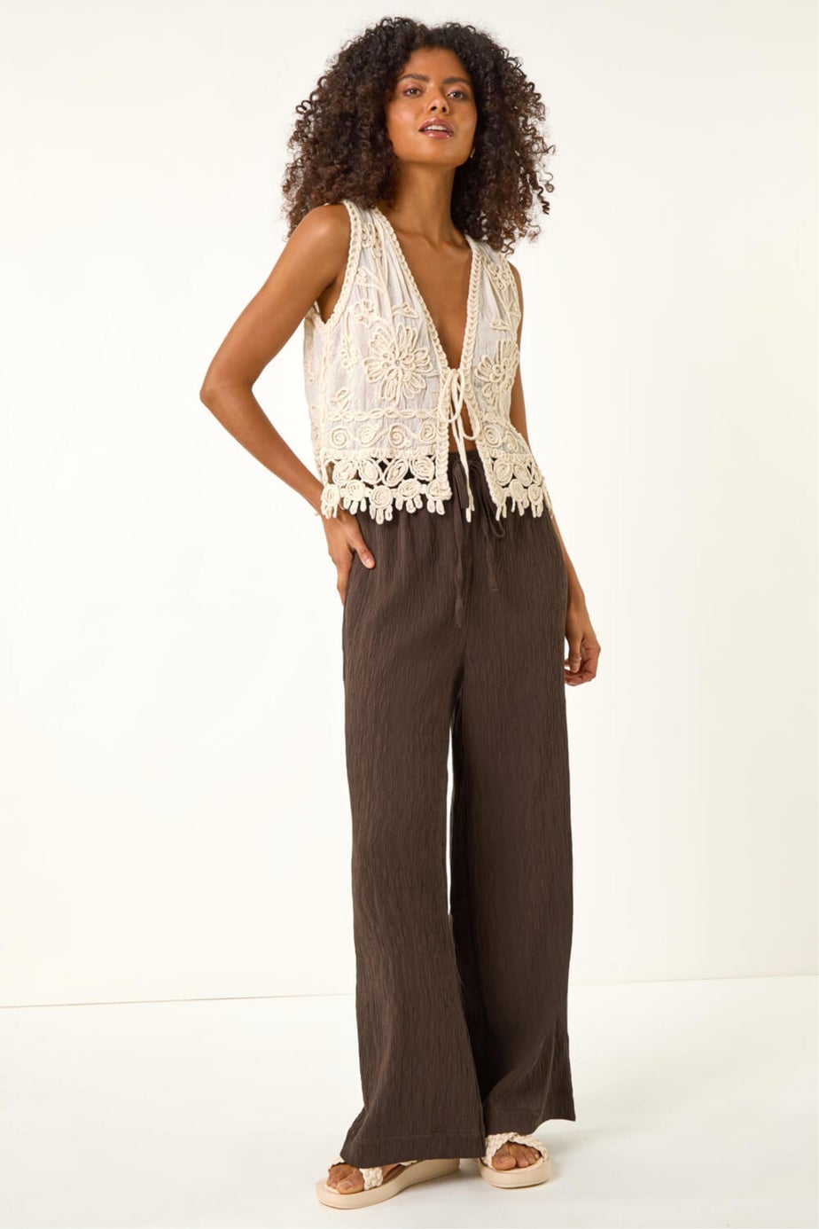 Dusk Brown Textured Elastic Waist Trousers