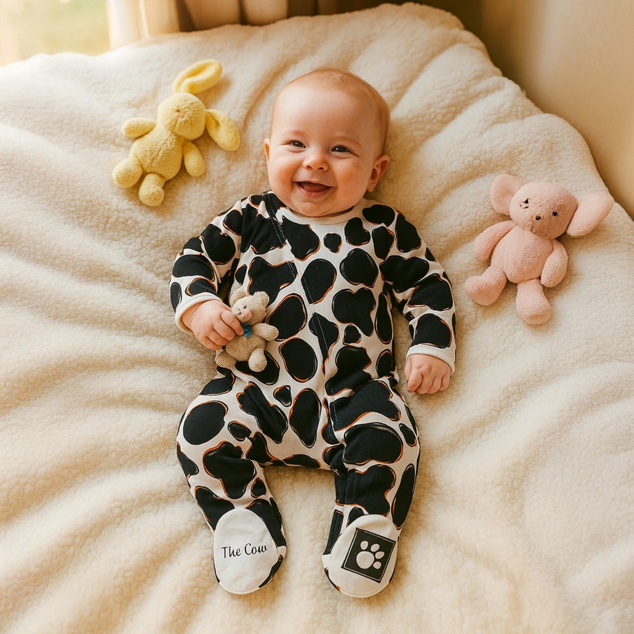 Lucy & Sam Black Cow Zip Babygrow (0 to 24 Months)
