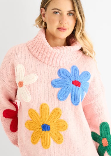 Gini London Pink Floral Applique Oversized Jumper