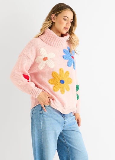Gini London Pink Floral Applique Oversized Jumper