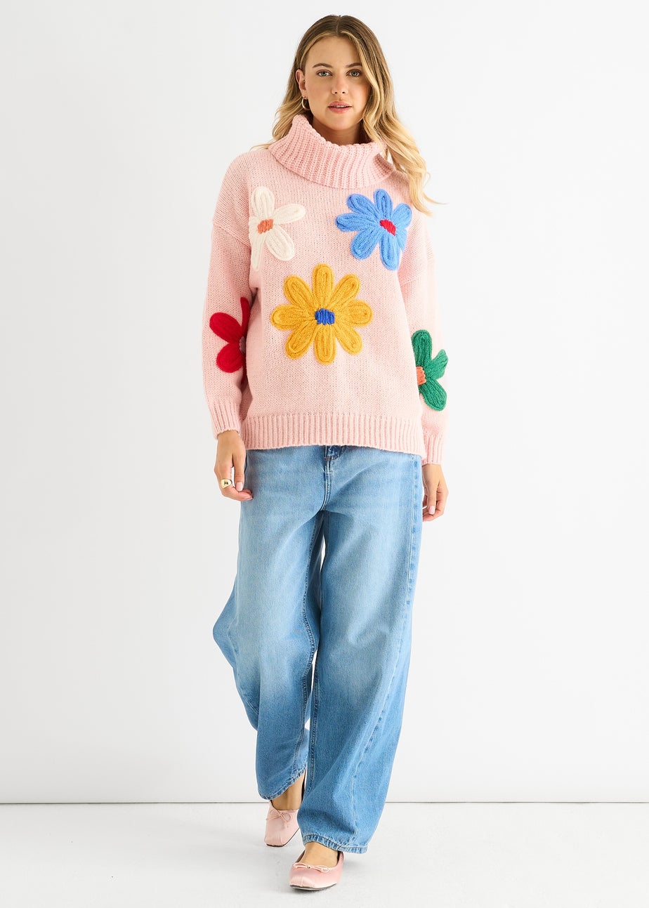 Gini London Pink Floral Applique Oversized Jumper