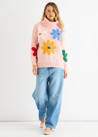 Gini London Pink Floral Applique Oversized Jumper