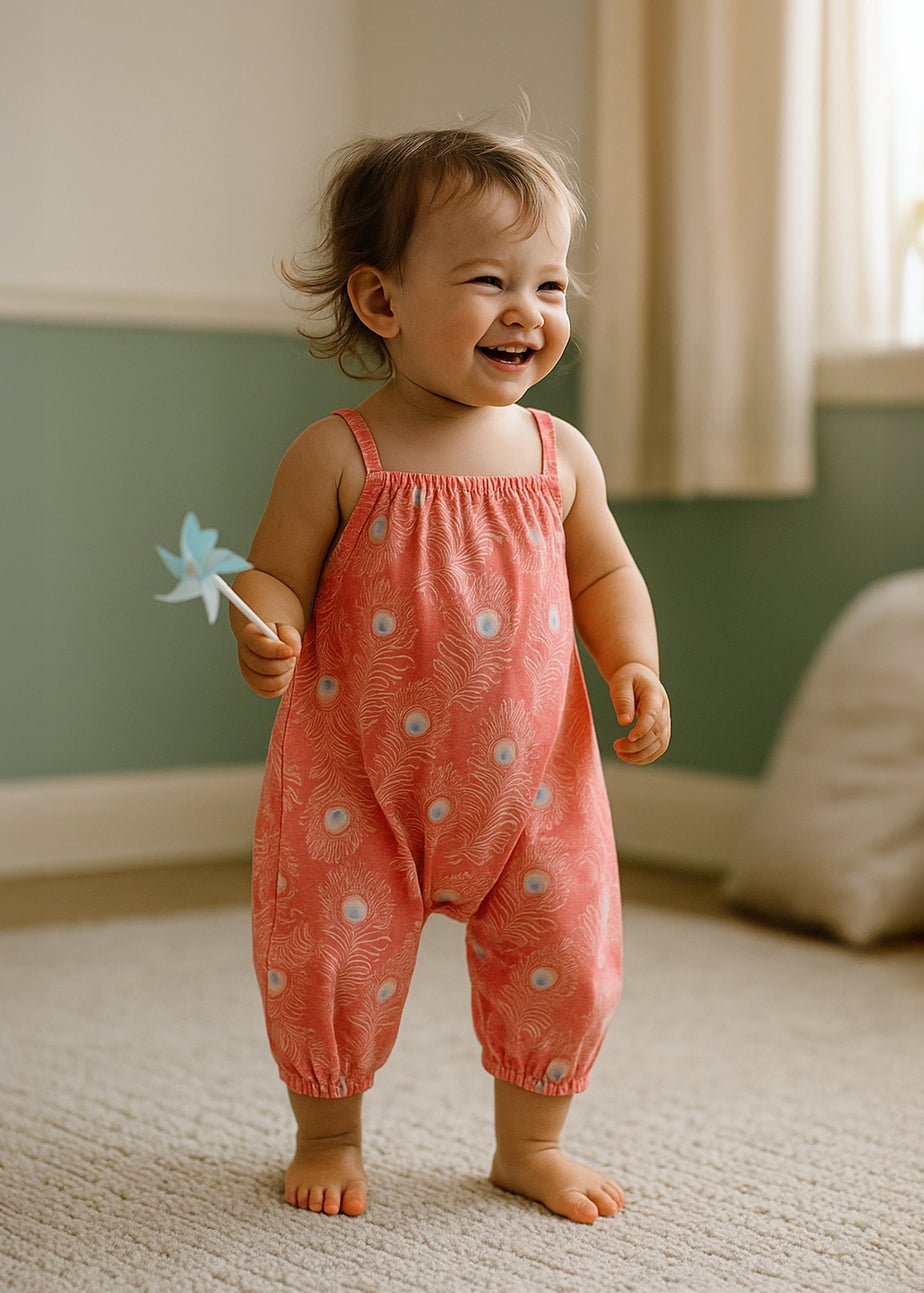 Lucy & Sam Pink Peacock Woven Romper (0 to 24 Months)