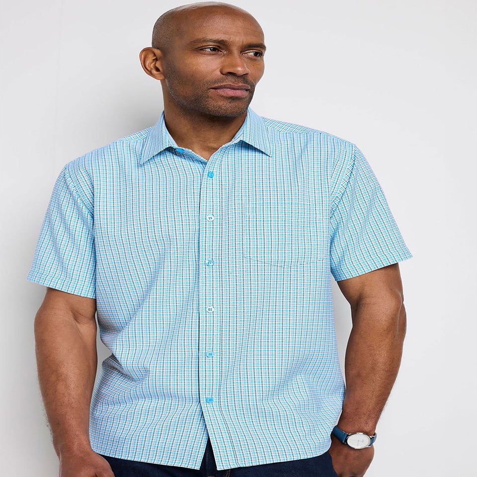 Cotton Traders Steel Blue Signature Short Sleeve Soft Touch Check Shirt