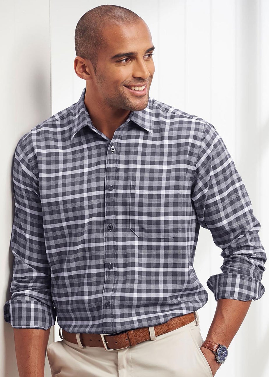 Cotton Traders Smoke Grey Long Sleeve Classic Soft Touch Patterned Shirt