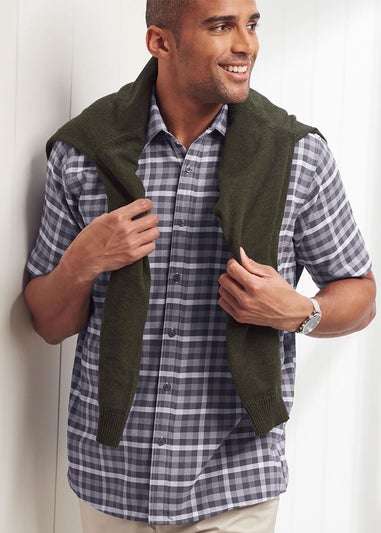 Cotton Traders Smoke Grey Short Sleeve Classic Soft Touch Patterned Shirt