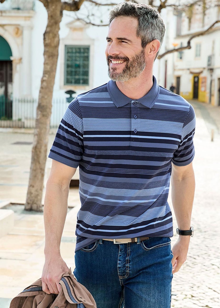 Cotton Traders Mid Blue Variated Stripe Polo Shirt