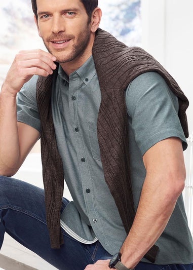 Cotton Traders Steel Green Iconic Short Sleeve Plain Oxford Shirt