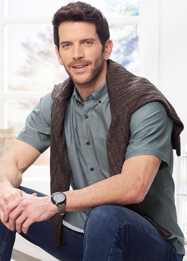 Cotton Traders Steel Green Iconic Short Sleeve Plain Oxford Shirt