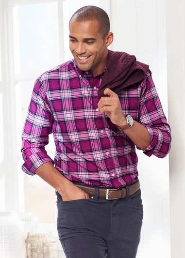 Cotton Traders Bright Plum Long Sleeve Easy Iron Check Shirt