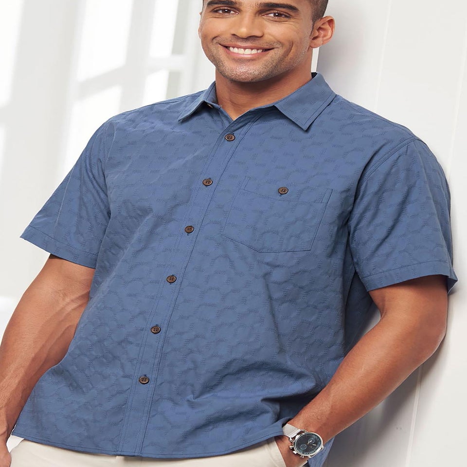 Cotton Traders Misty Blue Short Sleeve Casual Cotton Textured Shirt