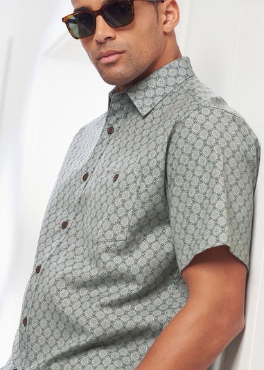 Cotton Traders Steel Green Short Sleeve Casual Cotton Print Shirt