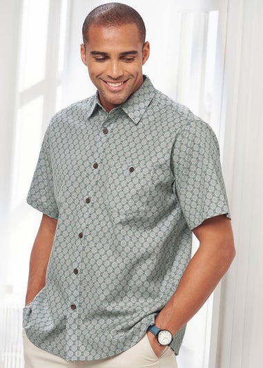 Cotton Traders Steel Green Short Sleeve Casual Cotton Print Shirt