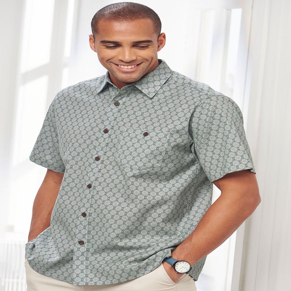 Cotton Traders Steel Green Short Sleeve Casual Cotton Print Shirt