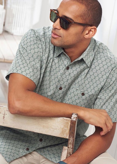 Cotton Traders Steel Green Short Sleeve Casual Cotton Print Shirt