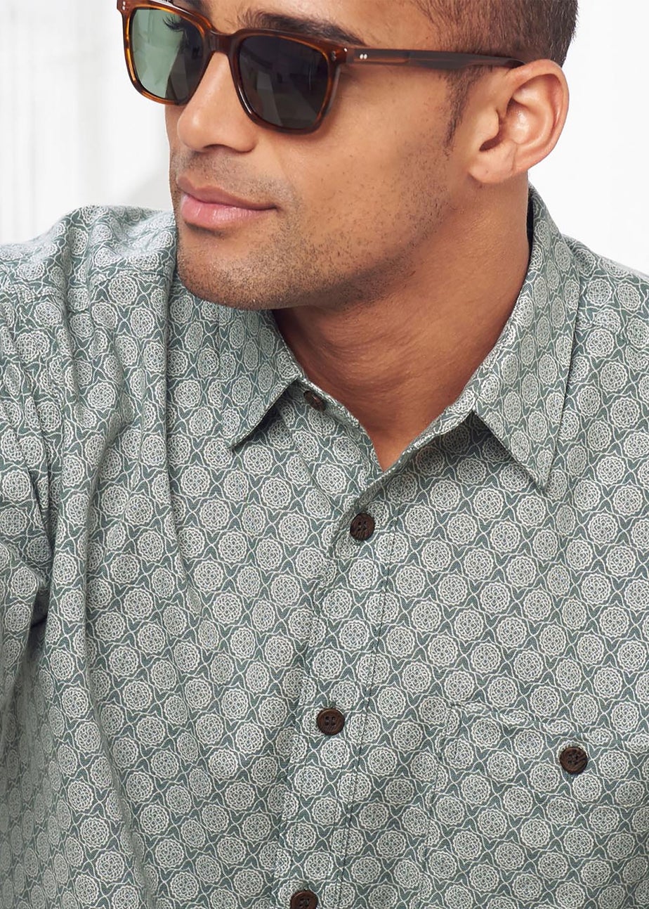 Cotton Traders Steel Green Short Sleeve Casual Cotton Print Shirt