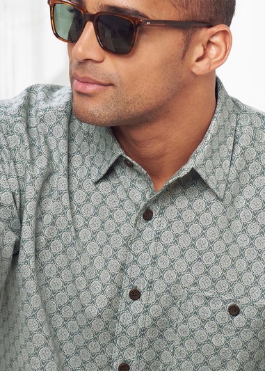 Cotton Traders Steel Green Short Sleeve Casual Cotton Print Shirt