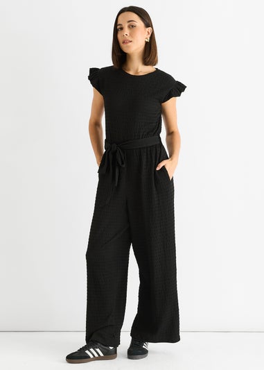 Gini London Black Stretch Texture Frill Elasticated Waist Jumpsuit
