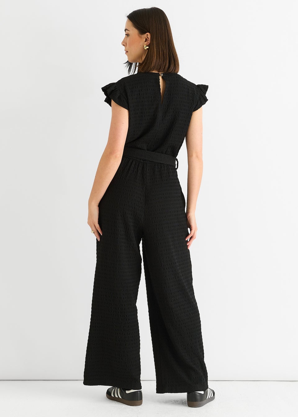 Gini London Black Stretch Texture Frill Elasticated Waist Jumpsuit