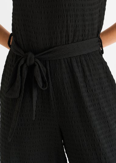 Gini London Black Stretch Texture Frill Elasticated Waist Jumpsuit