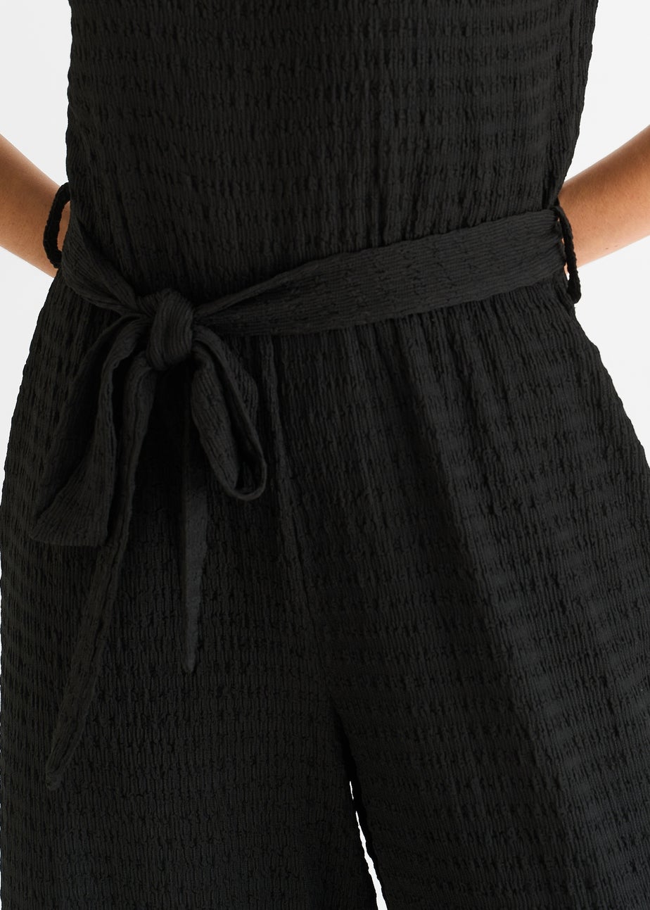Gini London Black Stretch Texture Frill Elasticated Waist Jumpsuit