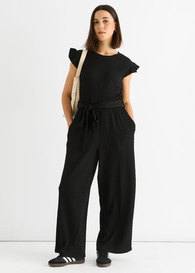 Gini London Black Stretch Texture Frill Elasticated Waist Jumpsuit