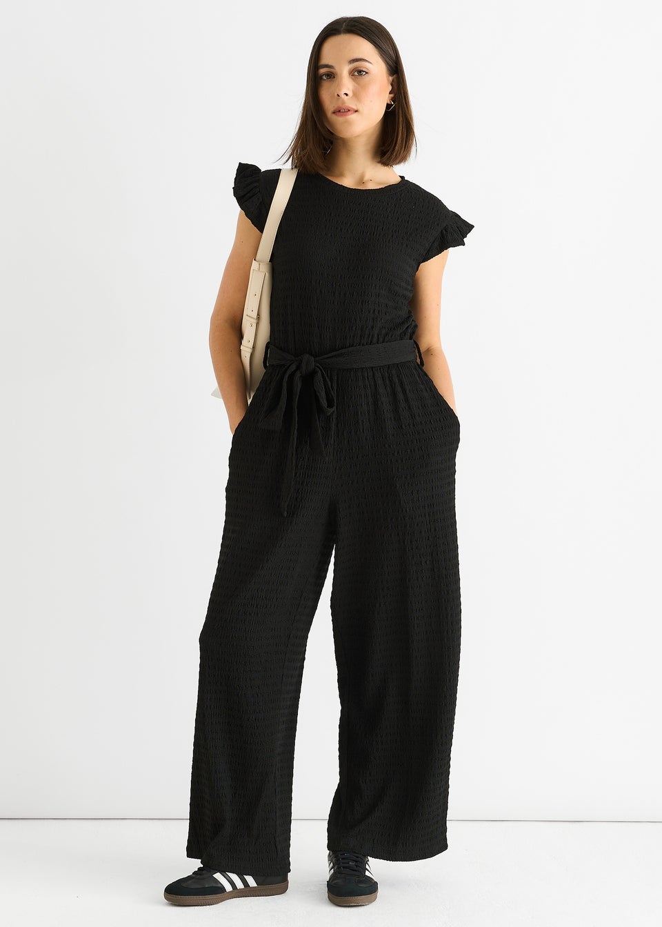 Gini London Black Stretch Texture Frill Elasticated Waist Jumpsuit