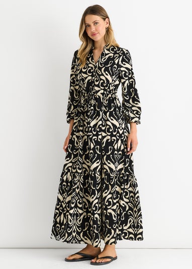 Gini London Black Ikat Print Tie Waist Maxi Dress