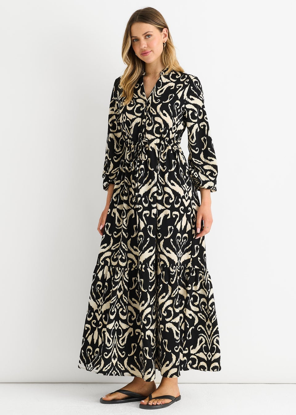 Gini London Black Ikat Print Tie Waist Maxi Dress