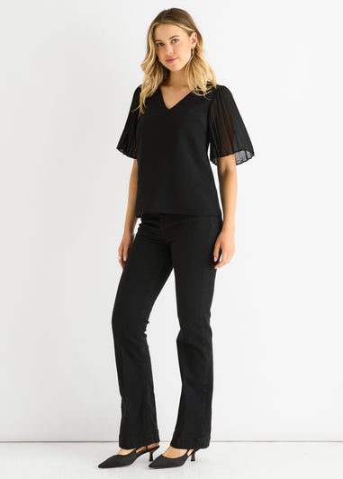 Gini London Black Chiffon Pleat Sleeves V Neck Top
