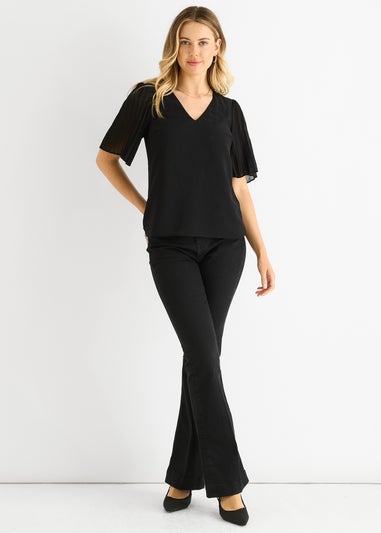 Gini London Black Chiffon Pleat Sleeves V Neck Top