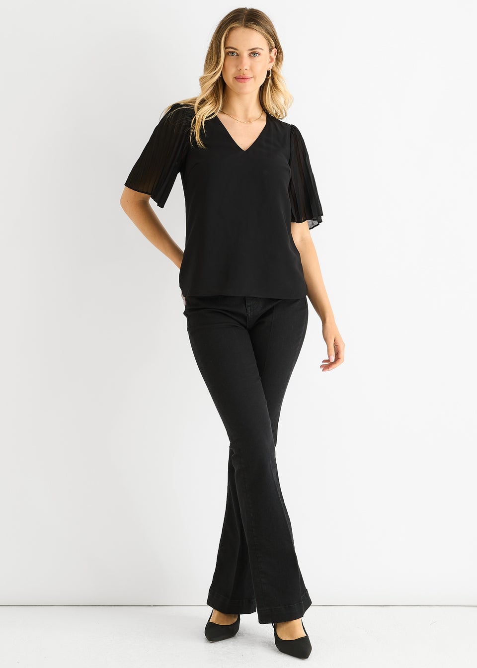 Gini London Black Chiffon Pleat Sleeves V Neck Top