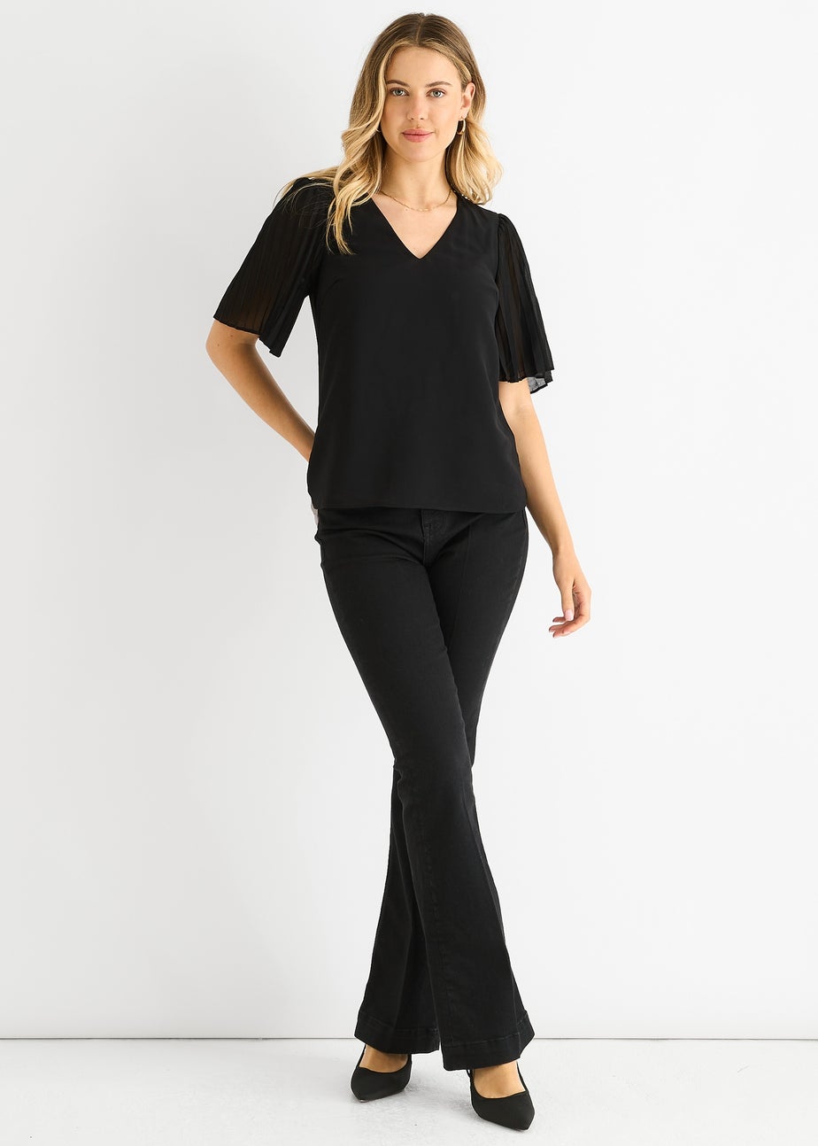 Gini London Black Chiffon Pleat Sleeves V Neck Top
