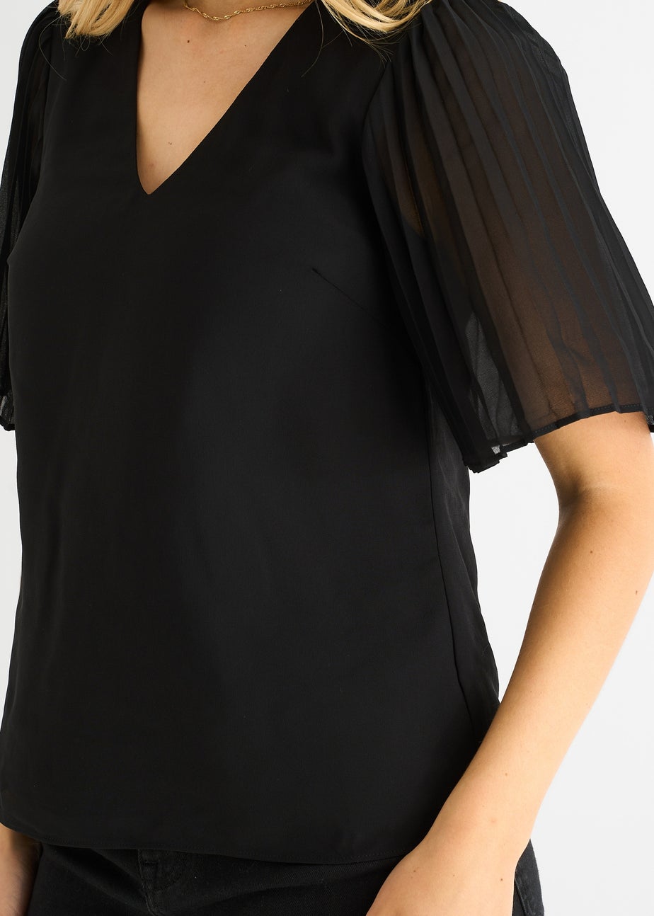 Gini London Black Chiffon Pleat Sleeves V Neck Top