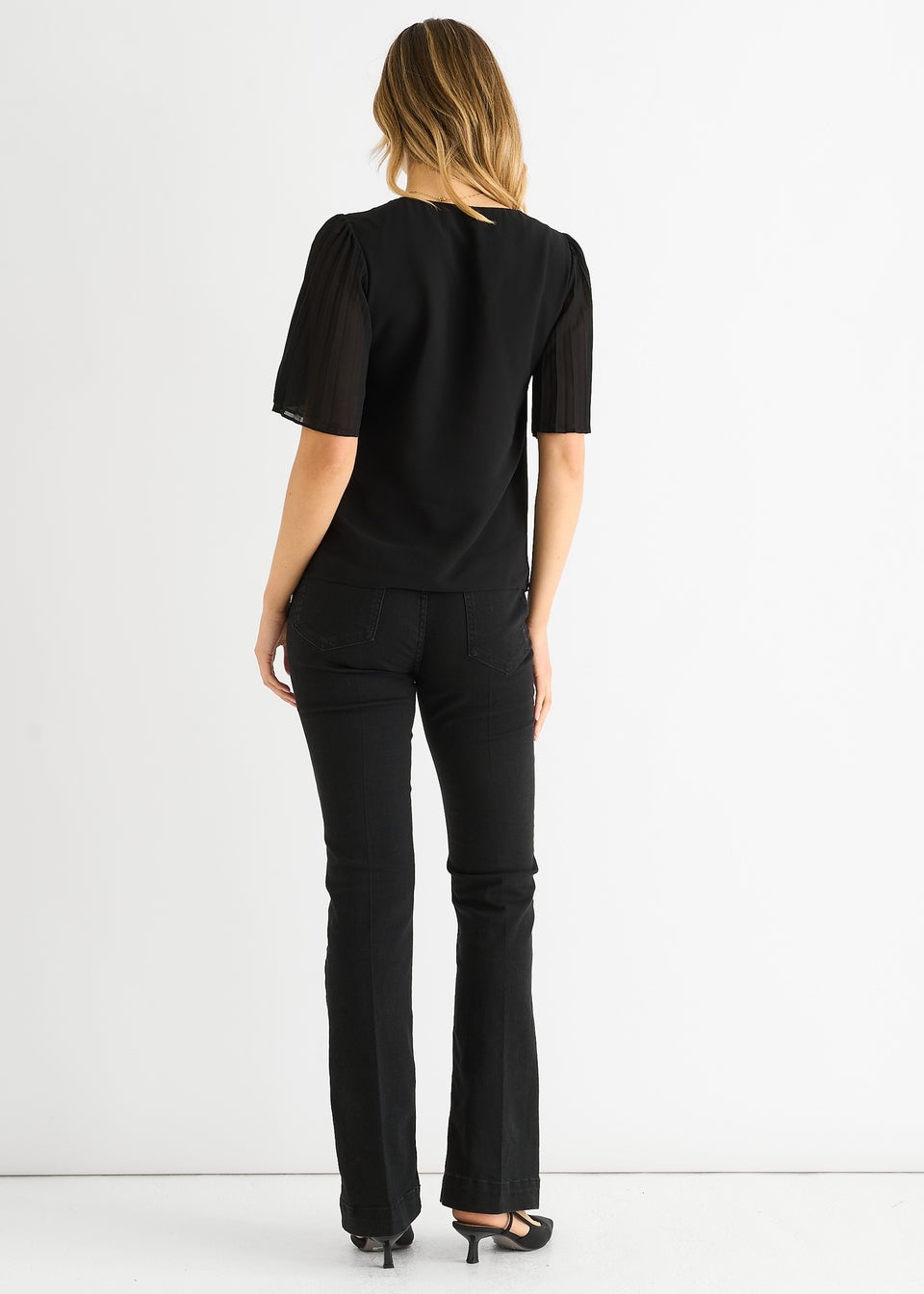 Gini London Black Chiffon Pleat Sleeves V Neck Top