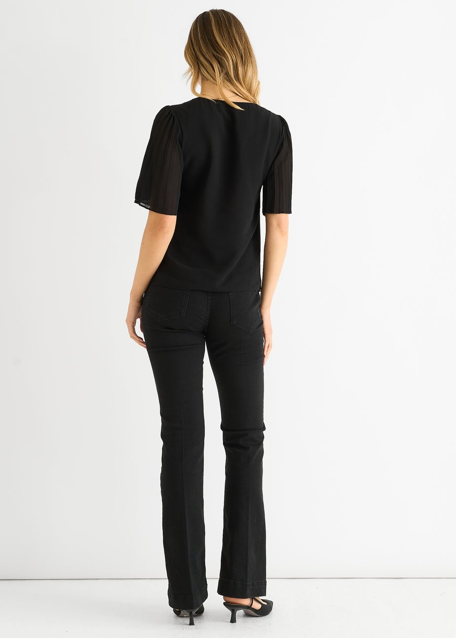 Gini London Black Chiffon Pleat Sleeves V Neck Top