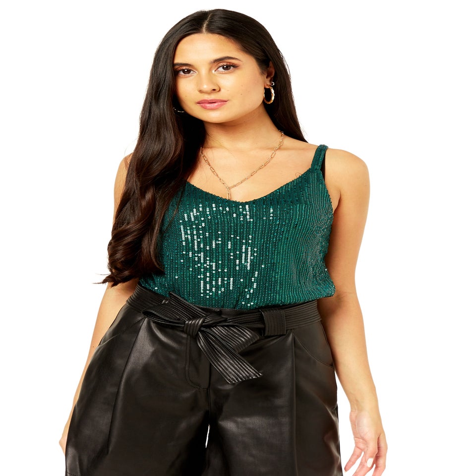 Gini London Green Sequin V Neck Cami Top