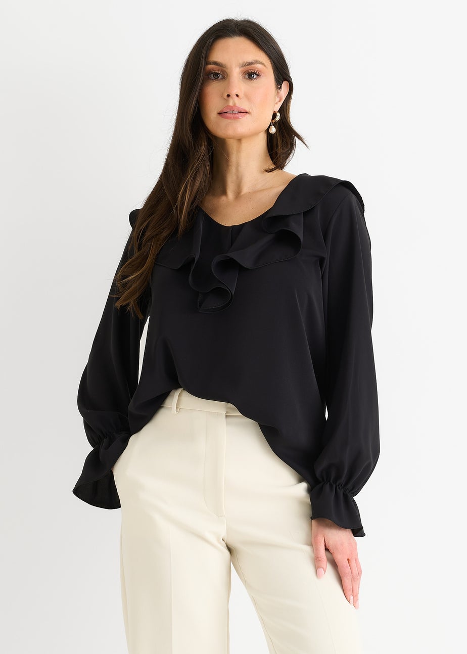 Gini London Black Wide Frill Loose Fit Blouse