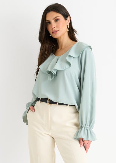 Gini London Sage Green Wide Frill Loose Fit Blouse