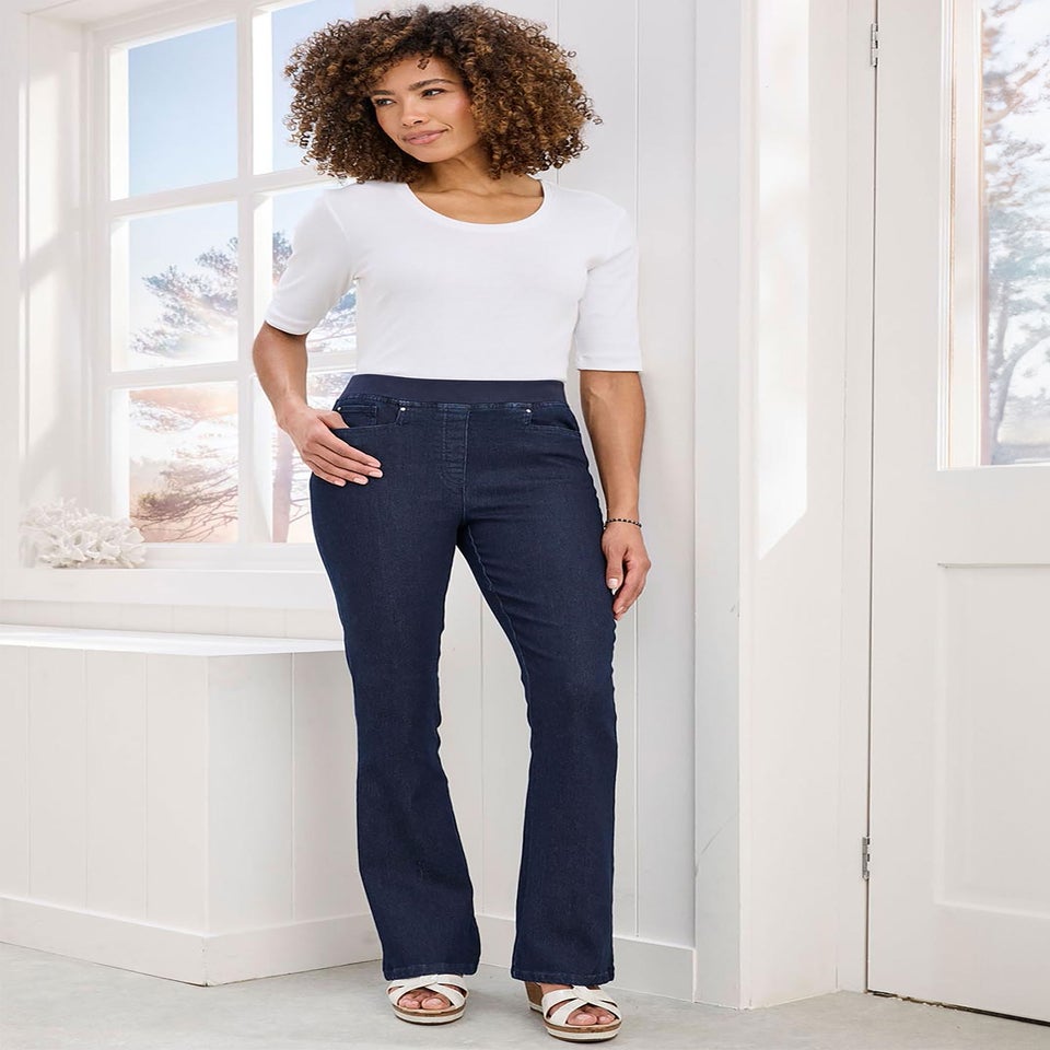 Cotton Traders Dark Denim Premium Pull-On Bootcut Jeans