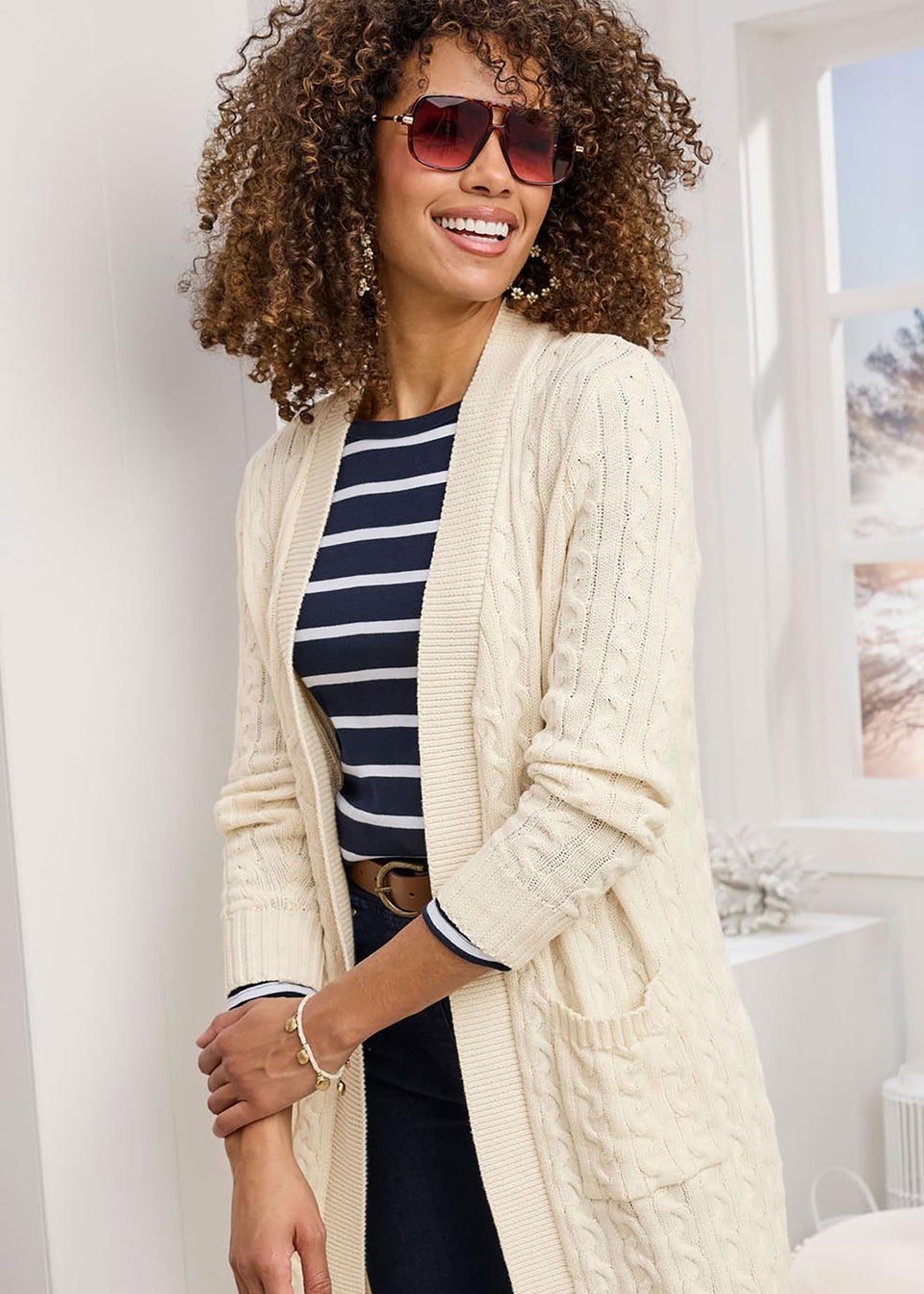 Cotton Traders Cream Longline Cotton Cable Cardigan