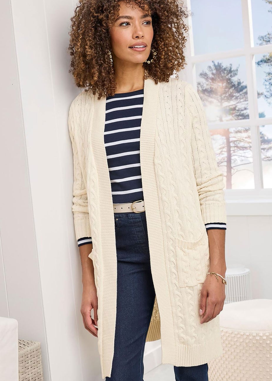 Cotton Traders Cream Longline Cotton Cable Cardigan