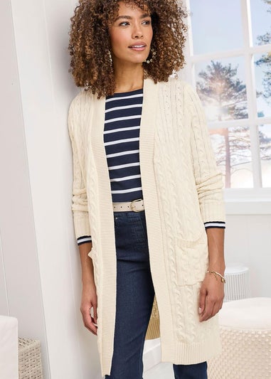 Cotton Traders Cream Longline Cotton Cable Cardigan