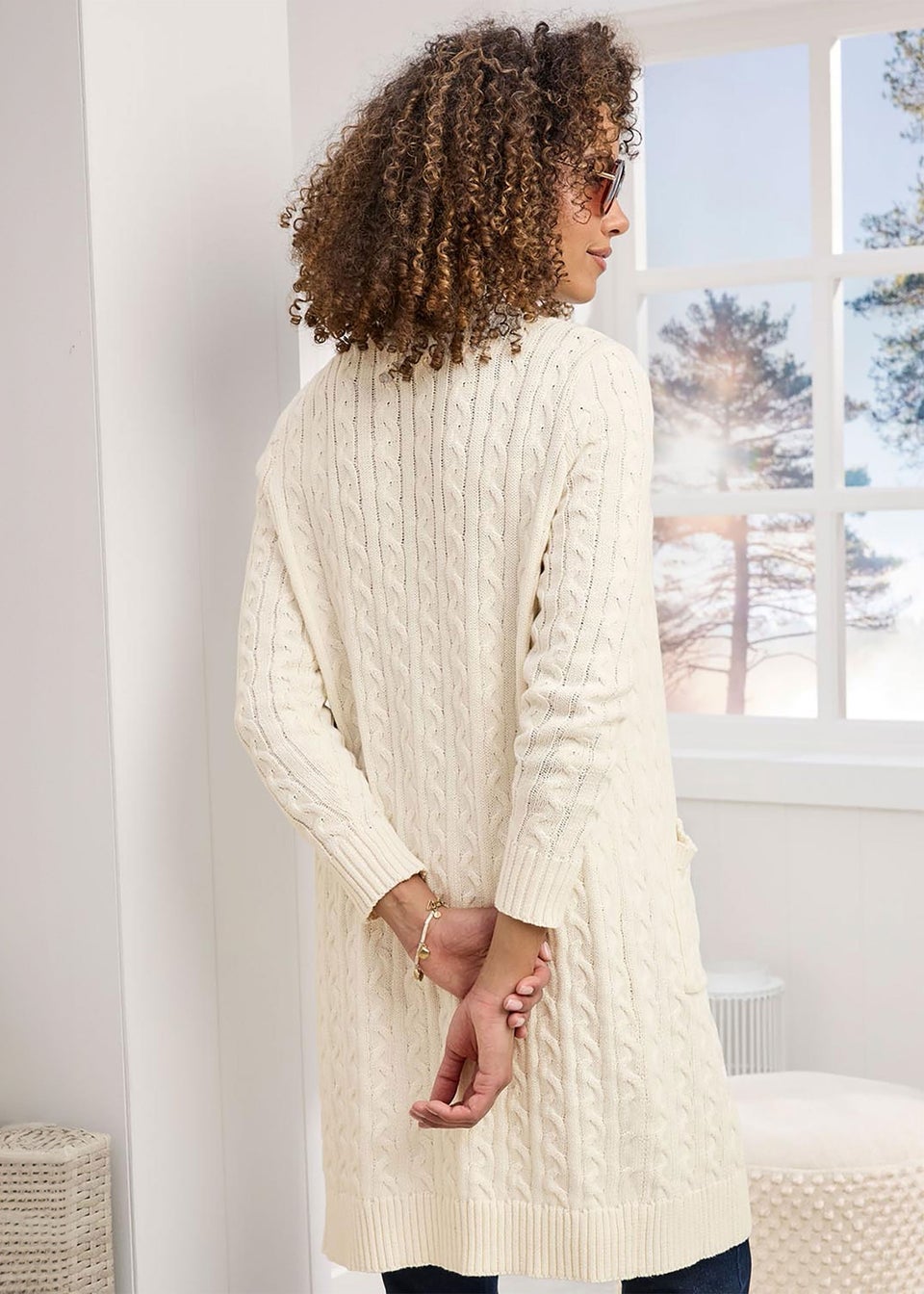 Cotton Traders Cream Longline Cotton Cable Cardigan