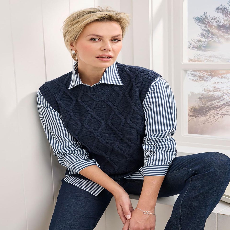 Cotton Traders Navy Cable Knitted Vest